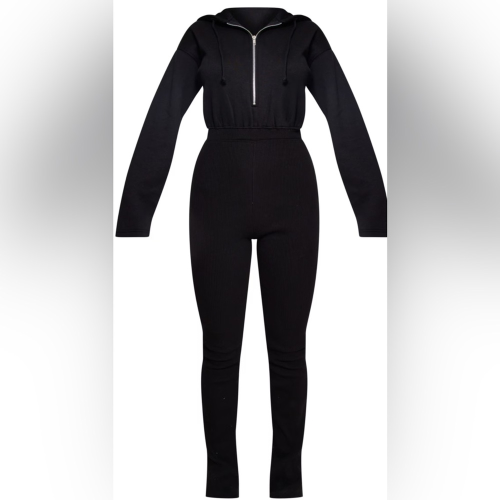 BLACK SWEAT HOODED RIB PANT JUMPSUIT L